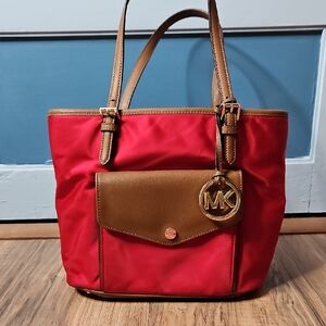 Michael Kors Nylon Red and Tan Travel Tote